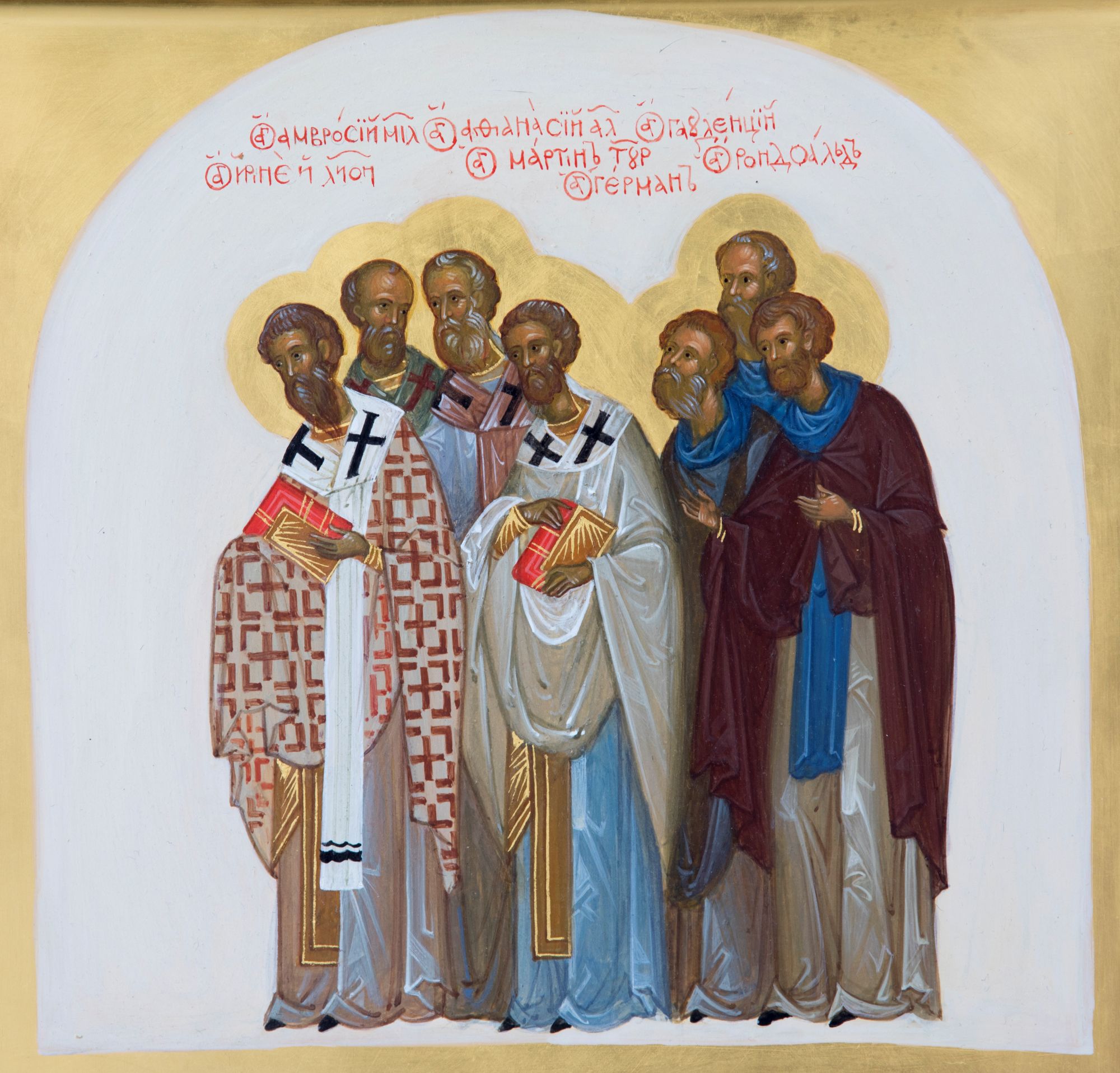 An Orthodox icon of Saints Irenaeus of Lyons, Ambrose of Milan, Athanasius the Great, Martin the Merciful, Germanus, Gaudentius and Randoald.
