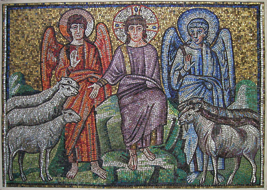 Replica of a 6th-century Byzantine mosaic, depicting Christ separating the sheep from the goats, in the church of Sant'Apollinare Nuovo, Ravenna, Italy. The blue angel in the original mosaic is possibly the earliest artistic depiction of Satan.